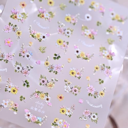 Flower Nail Stickers Colorful Pink Yellow Gold Nail Decals Floral Daisy Style29