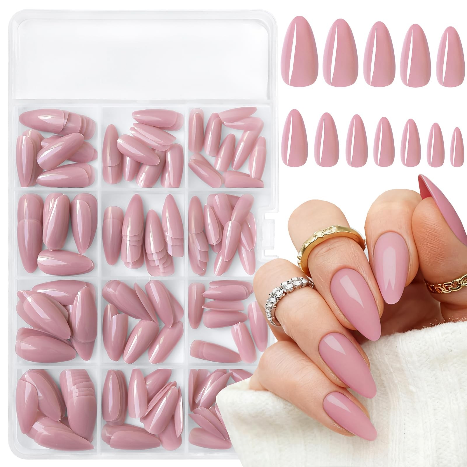 LoveOurHome 240pc Nude Almond Press on Nails Medium Fake 0-11, Jelly