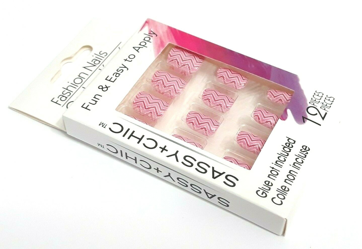 SASSY + CHIC™ FASHION NAILS 12 PIECES FUN & EASY TO APPLY RED PINK WAVY LINES