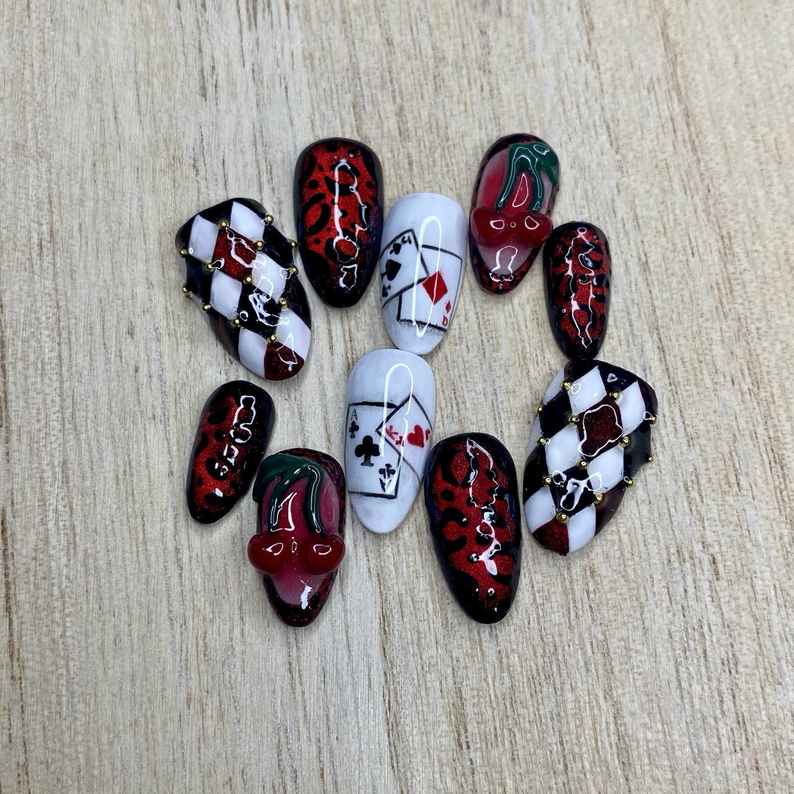 Red Black White Cherry 3D Press-On Nails | Acrylic Full Cover Long Almond