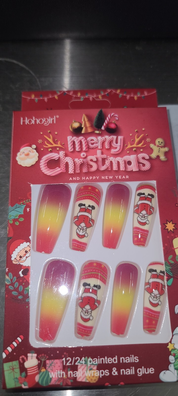 Christmas Press on Nails Medium Coffin Fake Nails with Christmas Tree Design Gli
