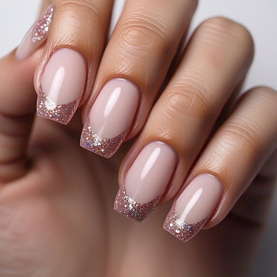 48pcs-Pink Glitter French Tip Nails, Press on Medium Square with Sparkly Ombre