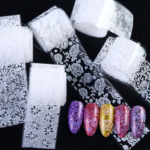 10 Rolls Nail Art Foil Transfer Sheets, Lace Nail Foil Decals Starry White Lace