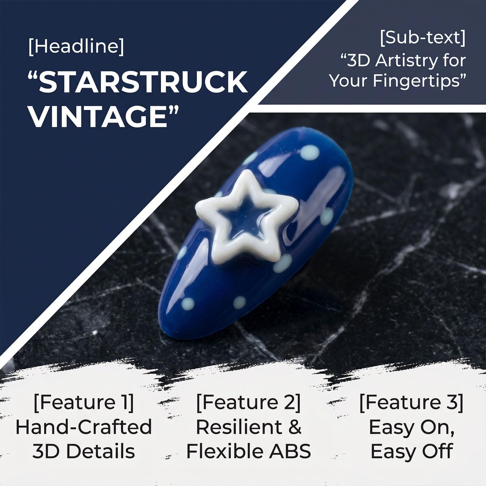 Patriotic Blue Almond Press-On Nails – 3D Star & Button Charms, Nautical Stripes