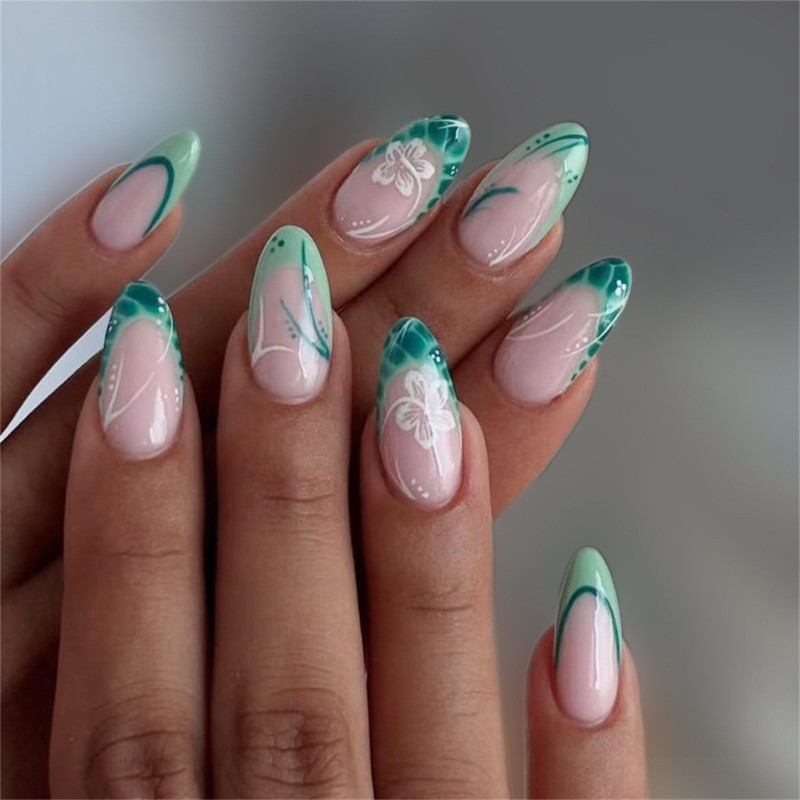 Green French Floral Press On Nail Floral False Nail Middle Length