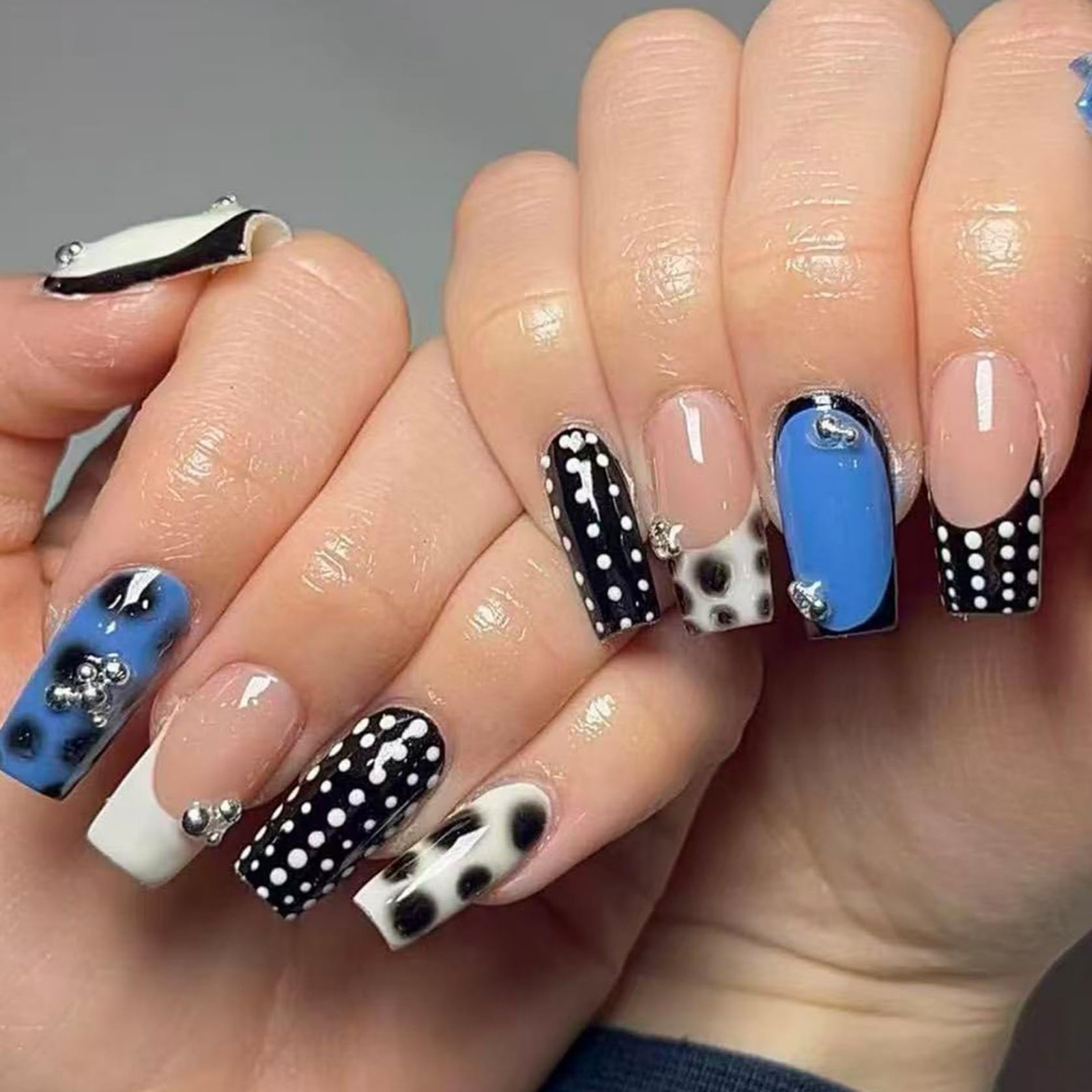 Kcjckcdd Medium Square Nails Blue Black Pearl Bow Design