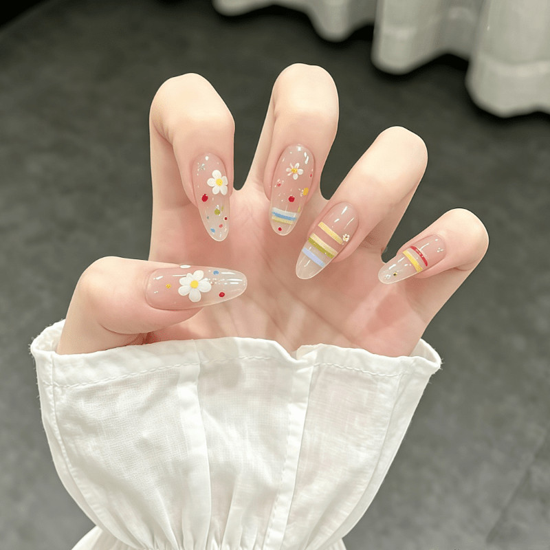 60pcs Almond Press on Nails, Clear Base Daisy Rainbow Stripes Summer Nails