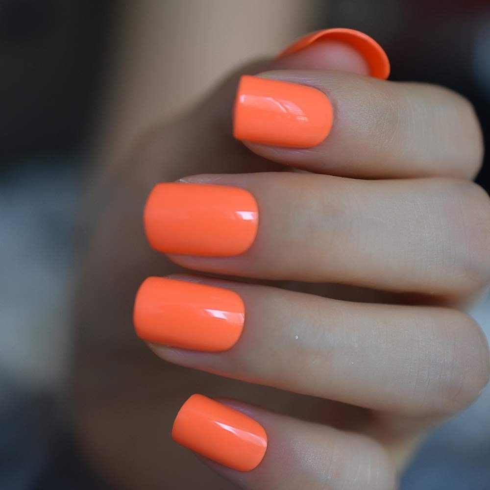 Glossy Solid Bright Orange Press On Nails Short Squoval False Women Girls Nai…