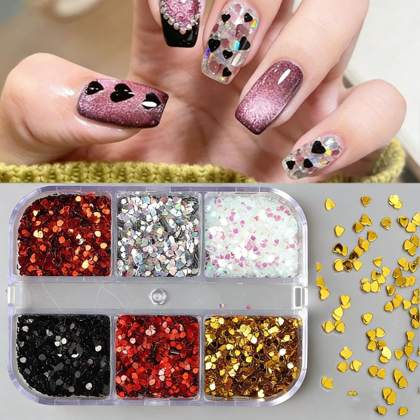 6-Grid Love Shape Sequin Kit Mini Heart Glitter for Nail Art Decoration & Crafts