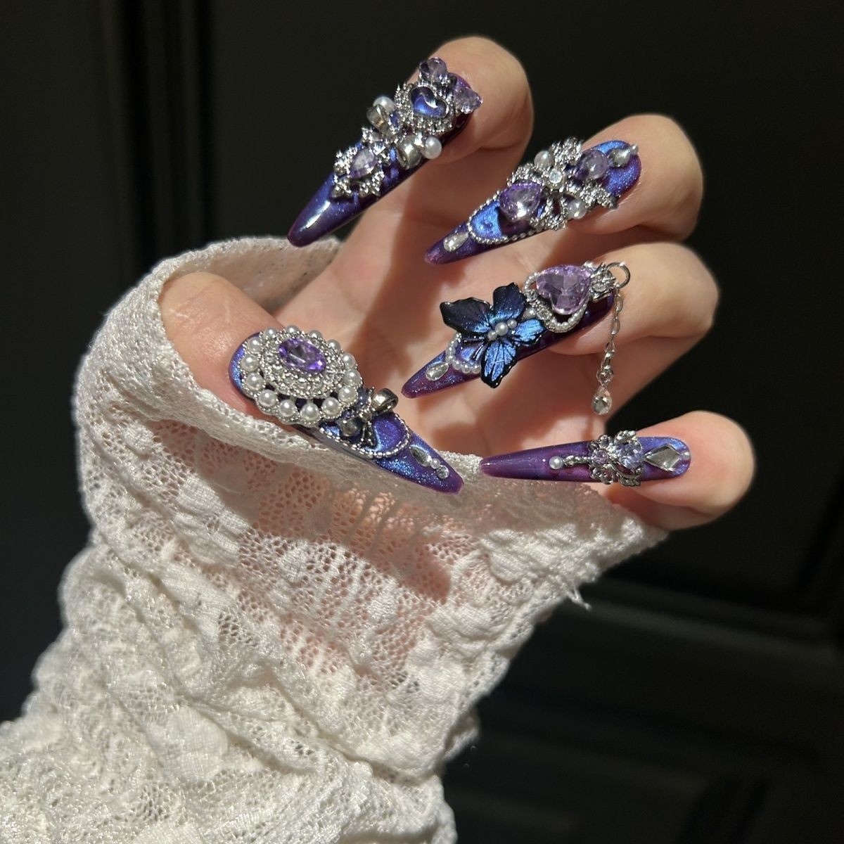 Purple Green Gradient Cat Eye Press On Nails Handmade