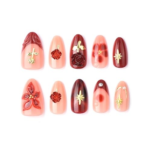 30Pcs Red Flower Press on Nails Short Almond French Tip Fake Nails Colorful -10