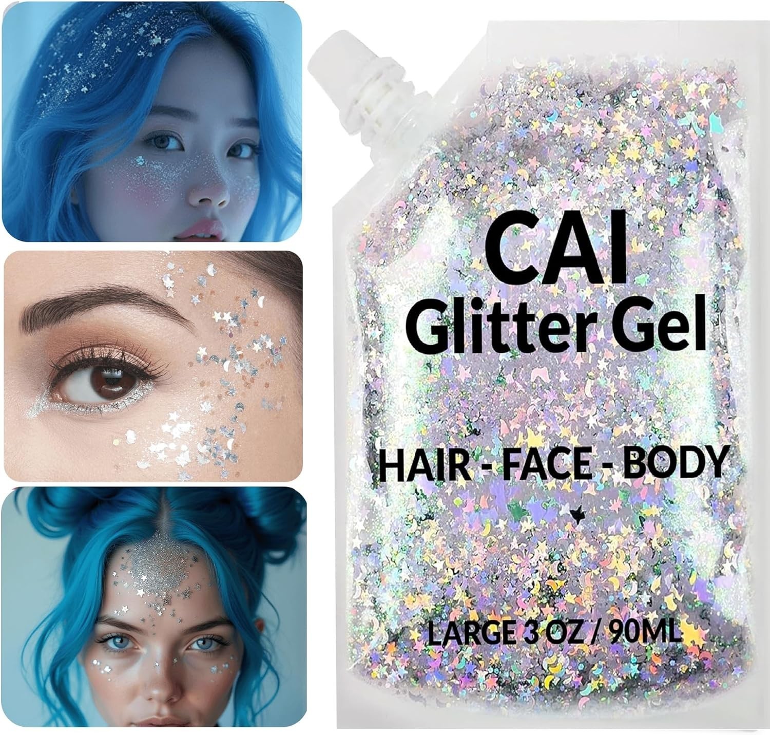 Long-Lasting Holographic Glitter Gel – Non-Toxic Body & Hair Makeup, 3 Oz