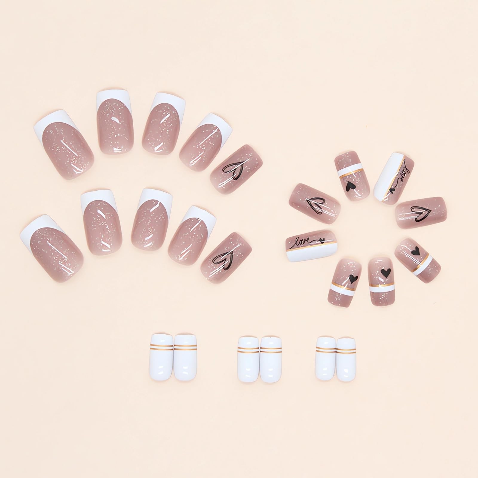 White French Tip Press on Nails Medium Square Valentine’s Day Fake Nails with…