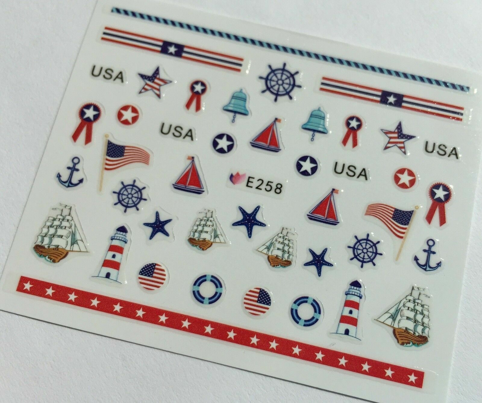 Nail Art 3D Decal Stickers Sailboat Lighthouse USA 4th of July E258