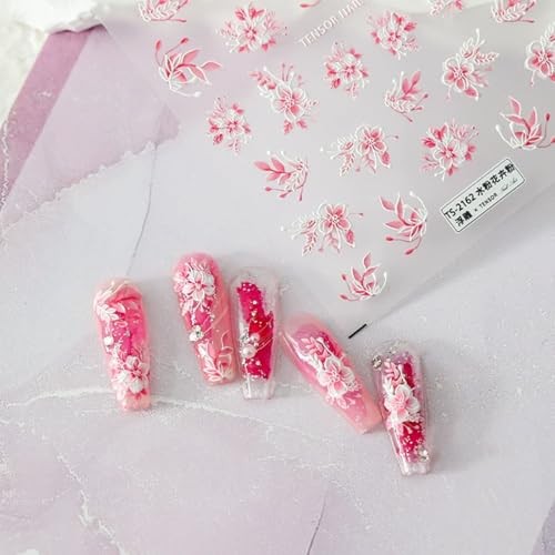 Flowers Nail Art Stickers 5D Embossed Pink Flower Nails Sticker Self Style-31