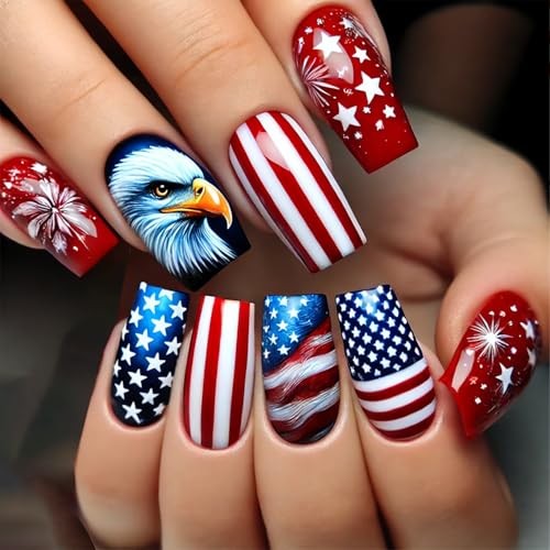 4th of July Press on Nails Medium Square Fake Nails with 4th of July Nails