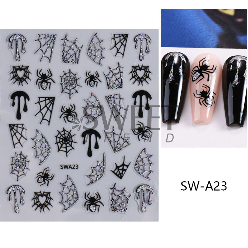 Embossed Glitter Halloween Spider Web Nail Art Stickers Self Adhesive NH27