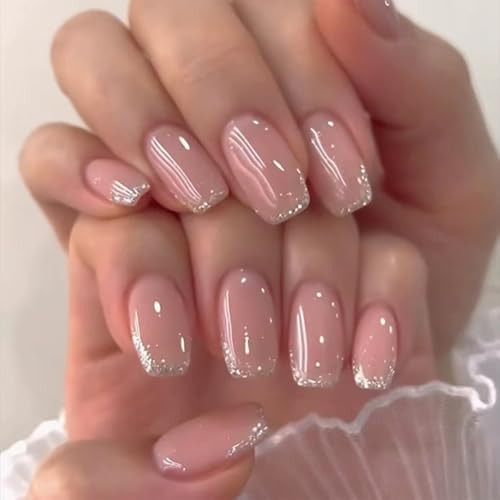 French Tip Press on Nails Glitter Short Square Fake Nails Nude Glossy W20