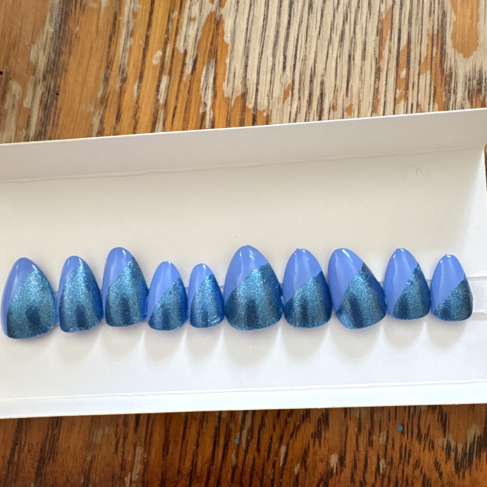 Blue Shimmer Ombre Pre-Designed Full Cover Almond Press-On Nails short