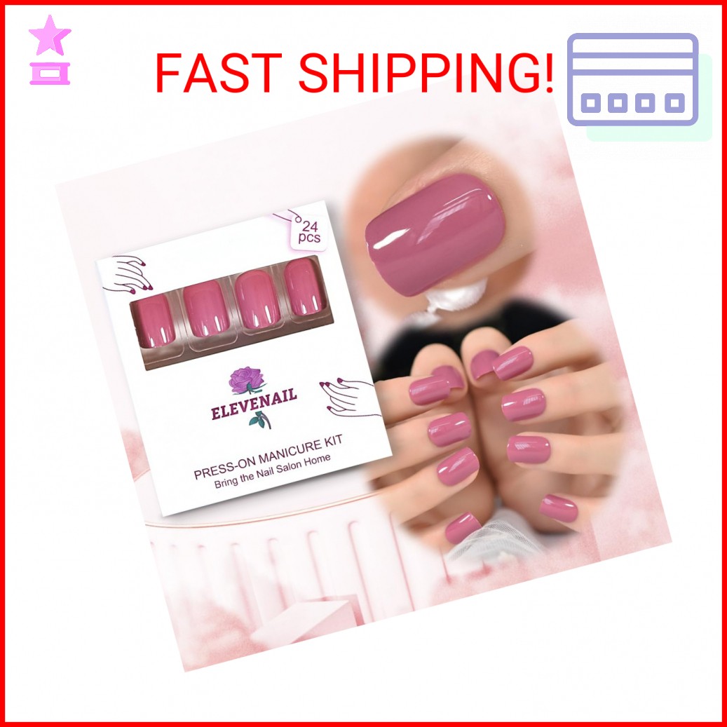 ELEVENAIL Daily Glossy Deep Purple Pink Red Press on False Nails Short Square Fa