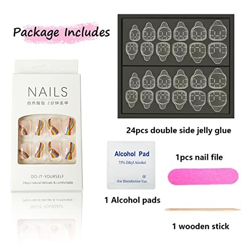 24Pcs Rainbow Fake Nails Squares – Glitter Short Nails – Set of 24