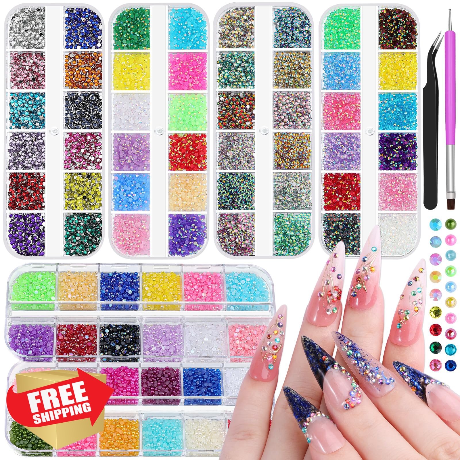 6 Boxes 2mm Nail Art Rhinestones Mixed Color Jelly Clear AB Flatback Pearls