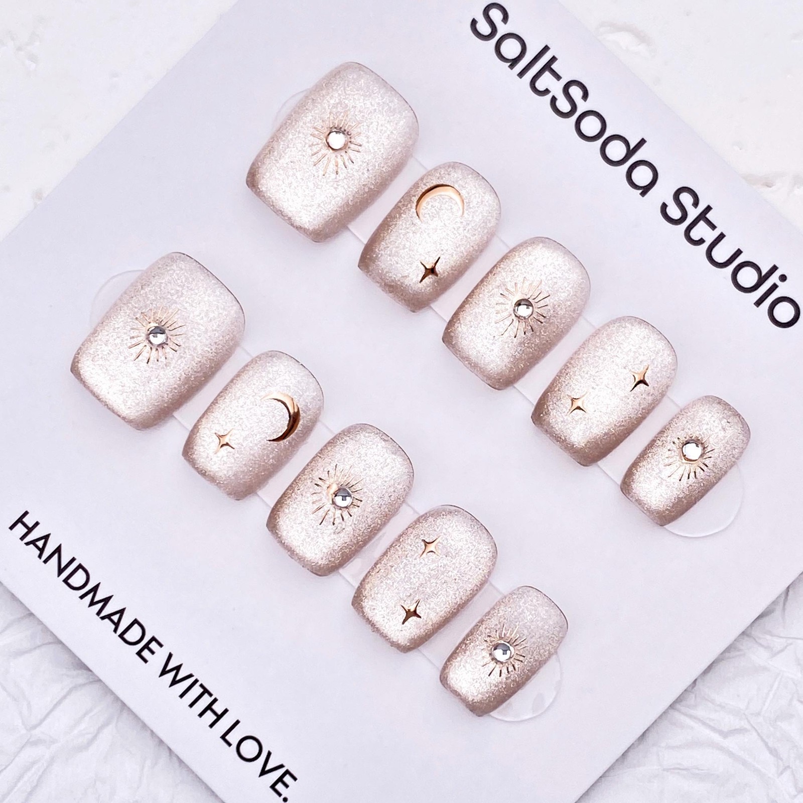 Custom Pure Handmade Nails Champagne Glitter Moon Star Rhinestone Manicure