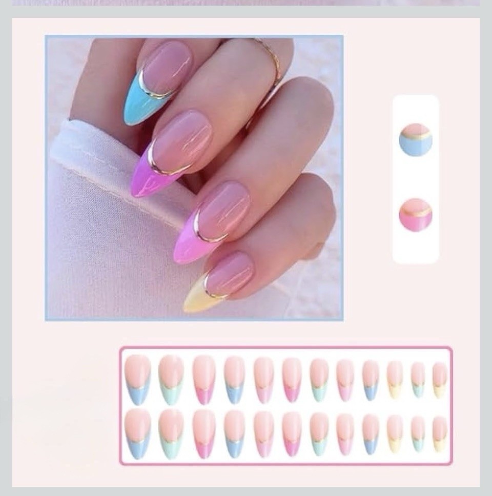 24 Press-On Nail Kit | French Tips In Pink, Yellow, Blue, Orange & Gold | New