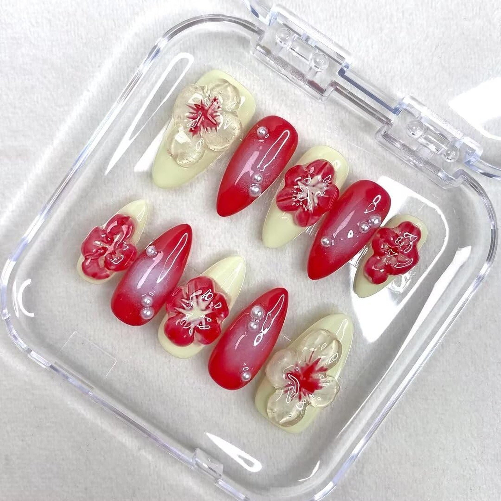 Handmade Press On Nails 10PCS Almond Fake Nails Short 3D Acrylic Cherry Heart