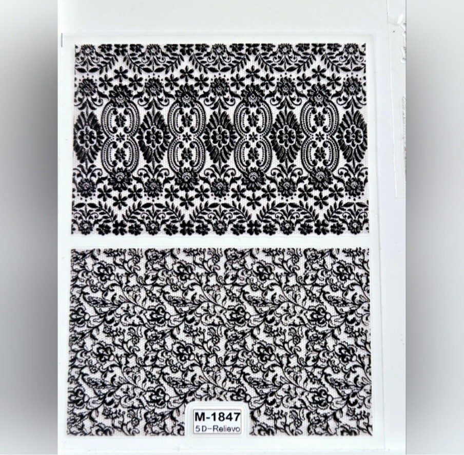 NWT 》3 SHEETS《 NAIL ART DESIGN BLACK & WHITE FAUX LACE SELF-SEAL STICKERS!