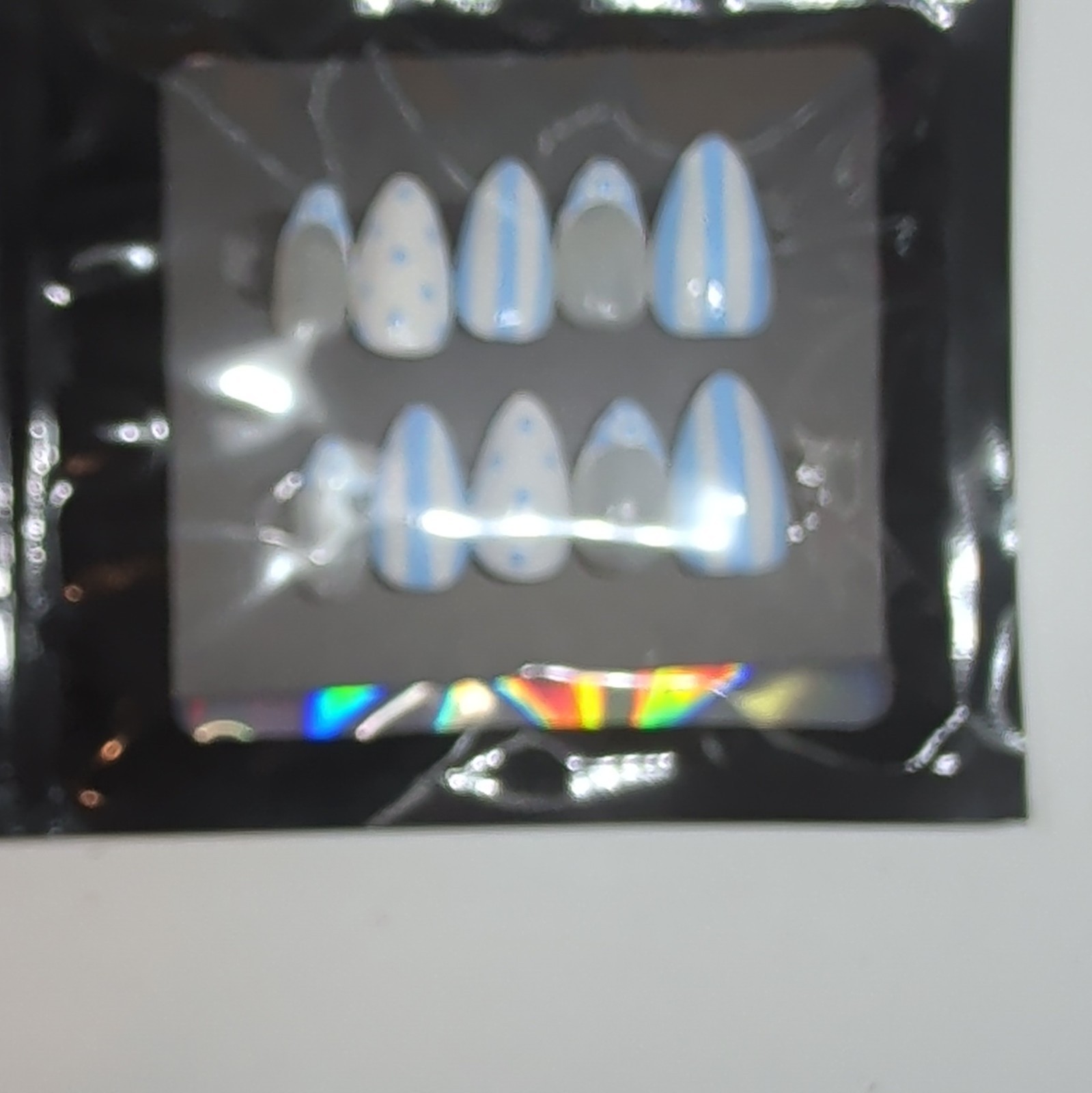 10 Piece Medium Almond Press-On Nails, Full Cover Shiny Blue White Polka!