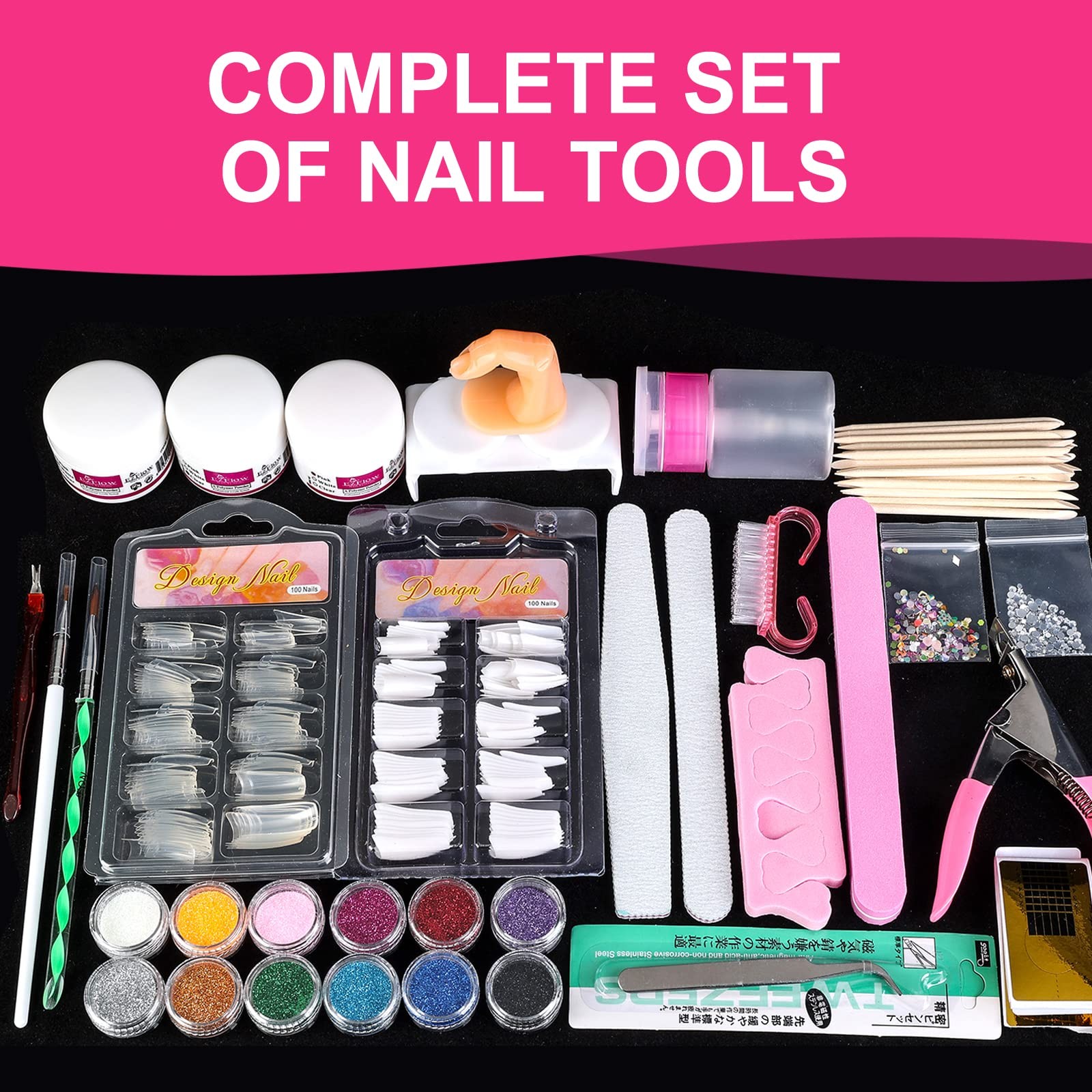 Nail Kit Set Professional Acrylic with Everything, 12 Glitter Acrylic Powder,…