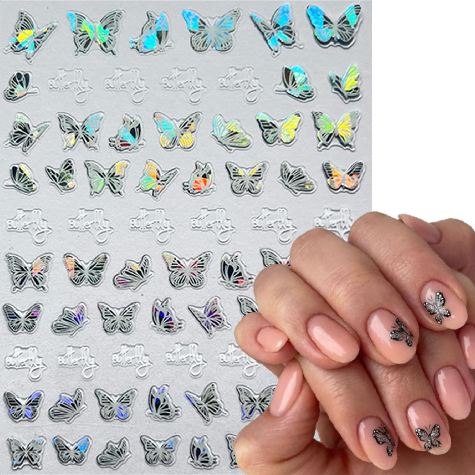 6 Sheets Shiny Aurora Butterfly Nail Art Sticker 3D -Adhesive Luxury White Fl…