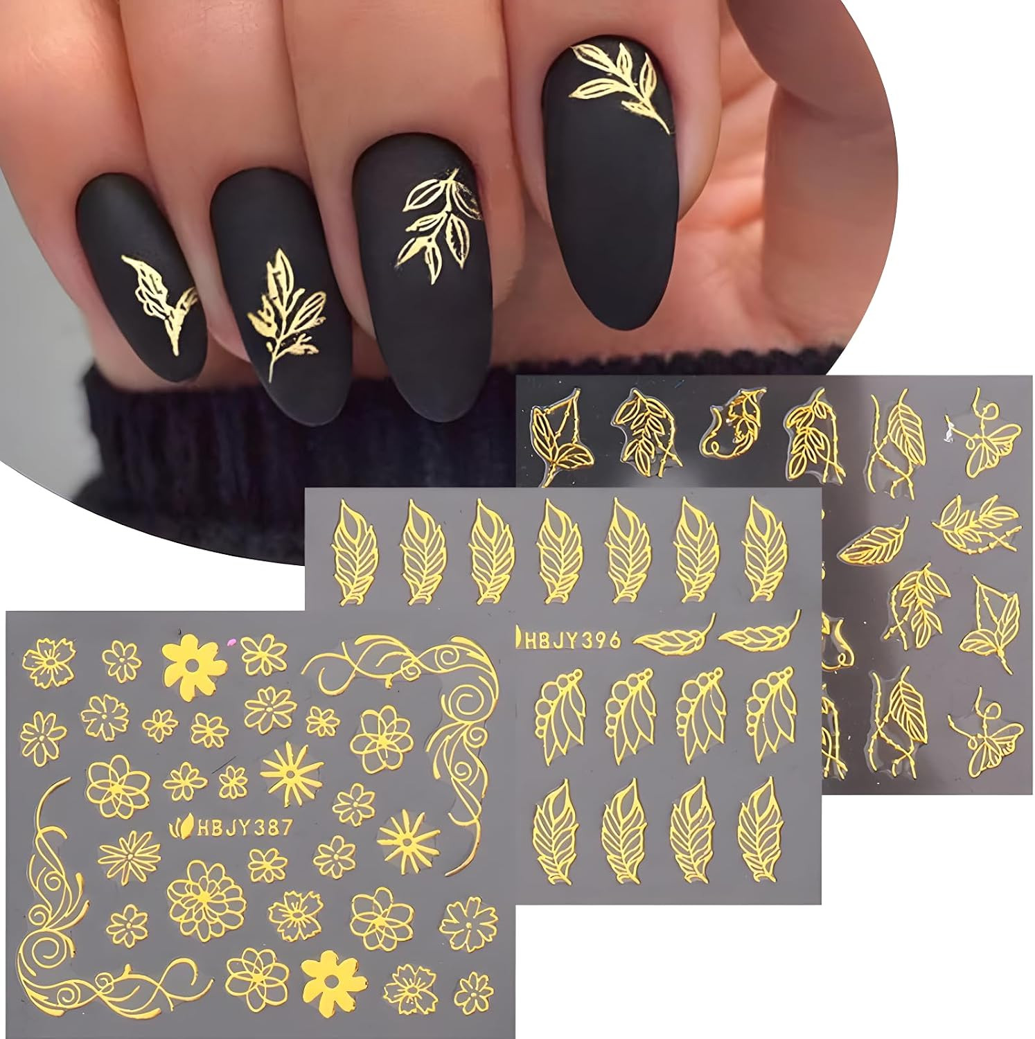 12 Sheets Gold Flower Nail Art Stickers 3D Self Adhesive Gold Leaf Lace Nail Dec