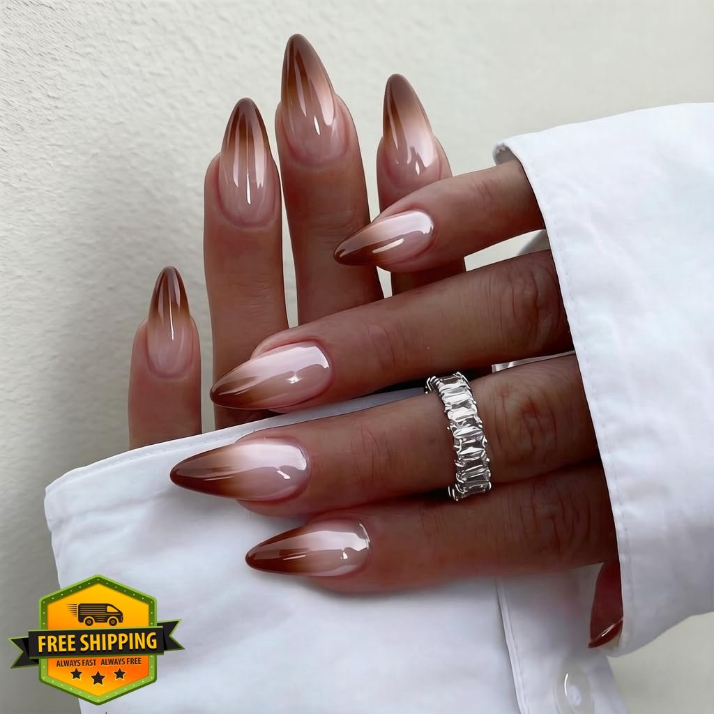 SXVME Ombre Brown Chrome French Press On Nails Almond Medium
