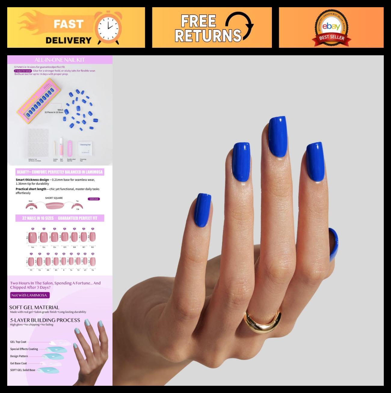 32Pcs Blue Press On Nails Short Square – Soft Gel Reusable Glue-On Kit, Royal Bl