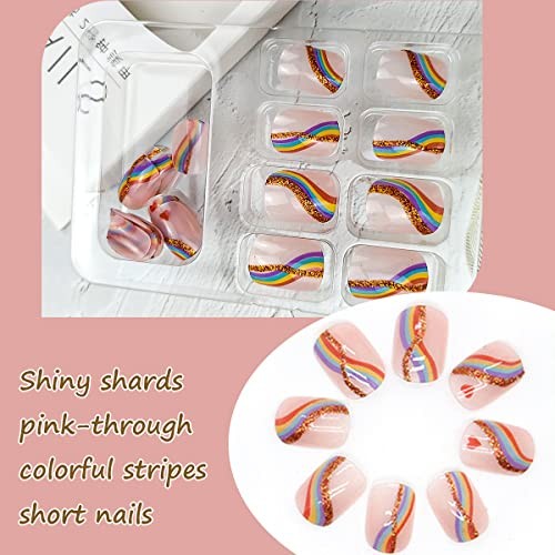 24Pcs Rainbow Fake Nails Squares – Glitter Short Nails – Set of 24
