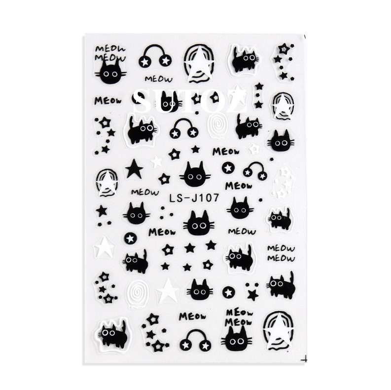 2Pcs Black White Cartoon Cat Dog Star French Nail Stickers Decoration J107 NS52