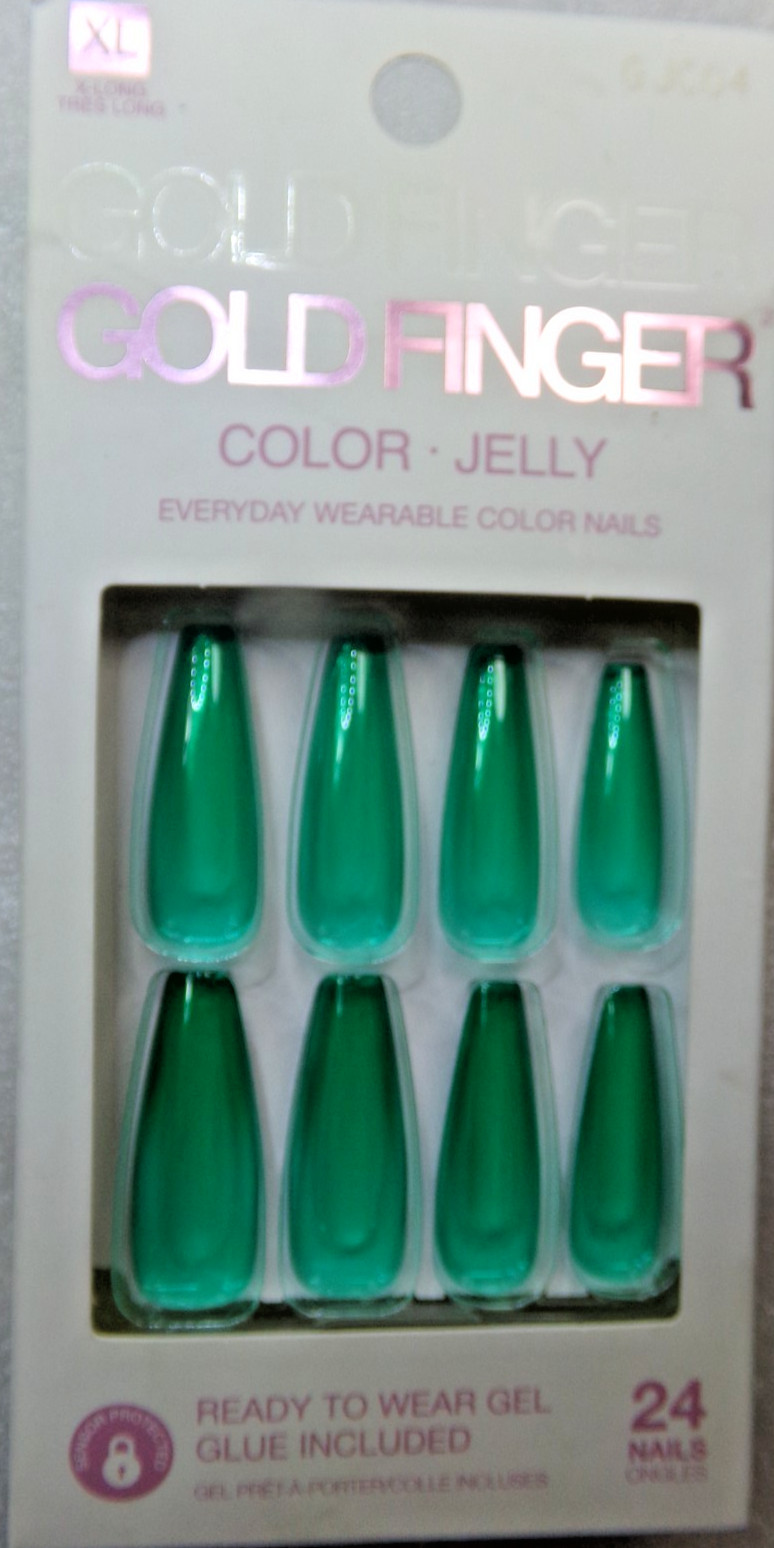 Gold Finger Jelly NAILS GLUE ON Extra LONG- Shiny Green