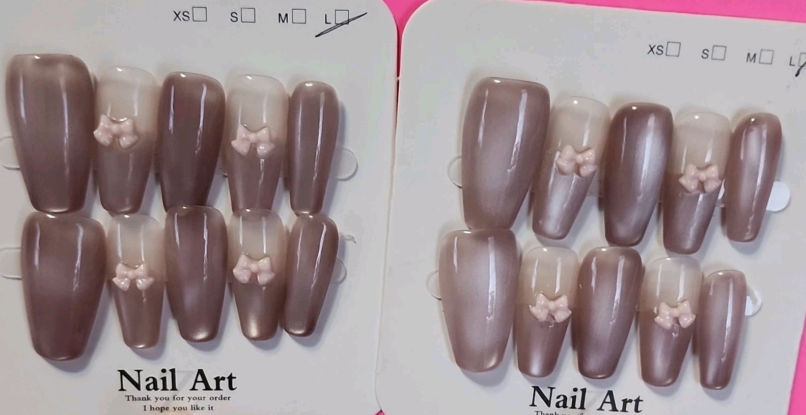 Press-On Nails Long Coffin Full Cover, Brown/Nude Shiny Pre-Designed Bows