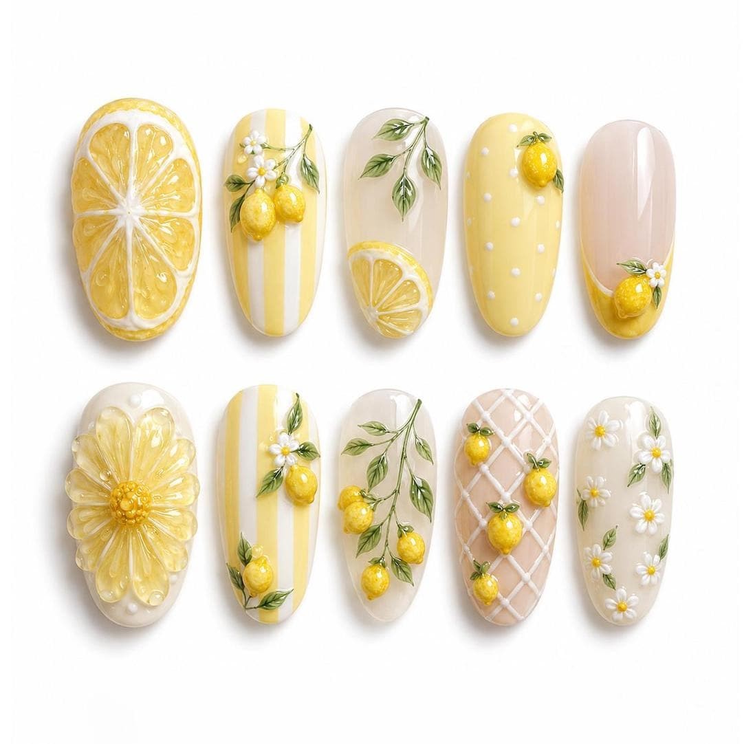 Custom Handmade Lemon Daisy Floral Almond Press on Nails