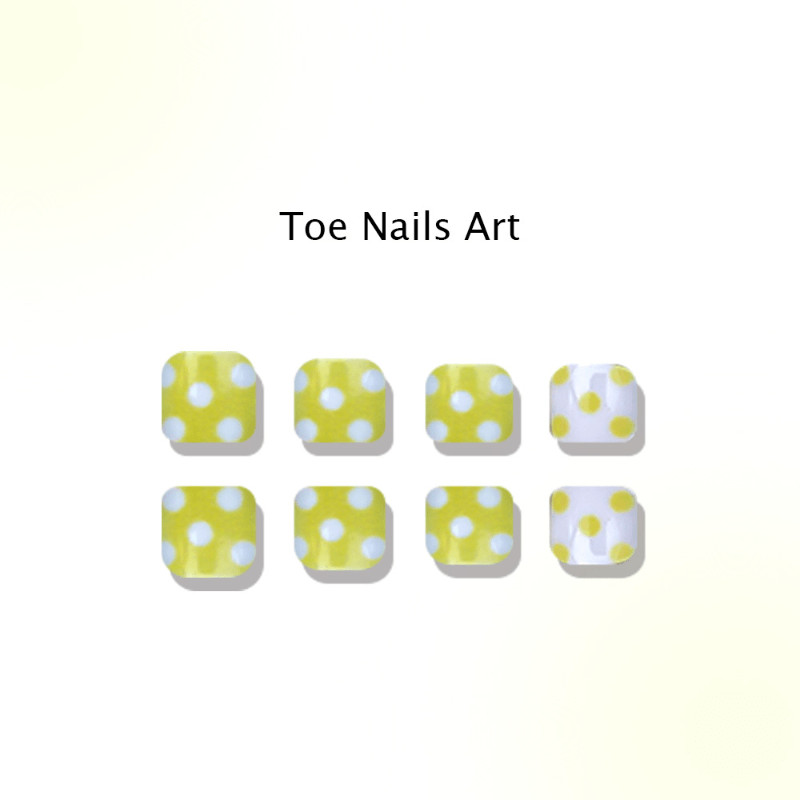 48pcs Short Square Press on Toe Nails, Green Yellow Daisy Polka Dot Print Nails