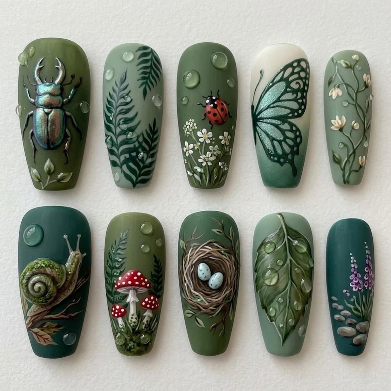 Handmade Green Forest Snail Mushroom Butterfly Bird Nest Coffin Press on Nails