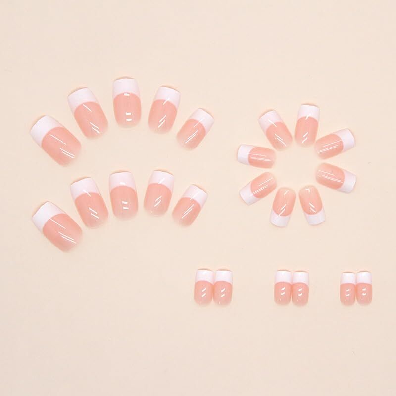 24PCS White French Tip Press on Nails Short Square Fake Nails Pink french-3