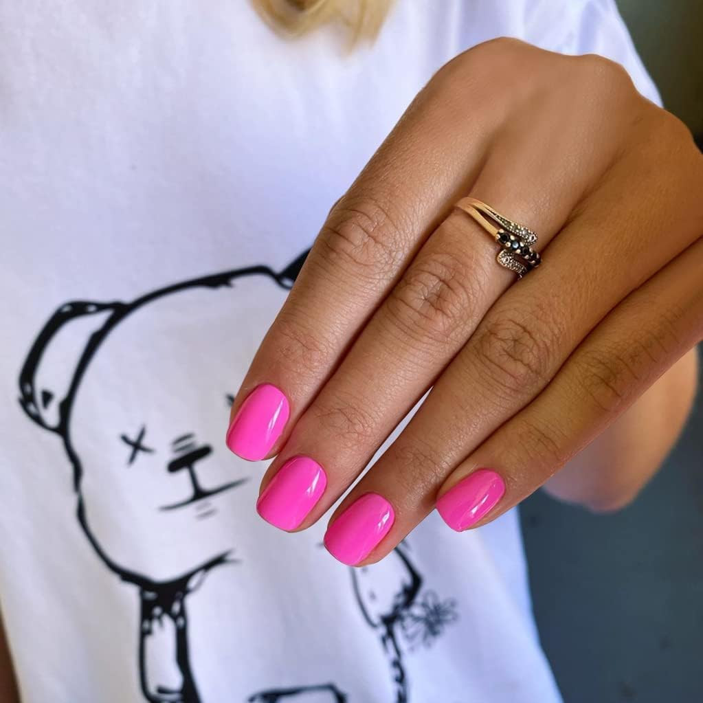 Hot Pink Press on Nails Short Square, Gel Fake Nails Glossy Square Hot Pink