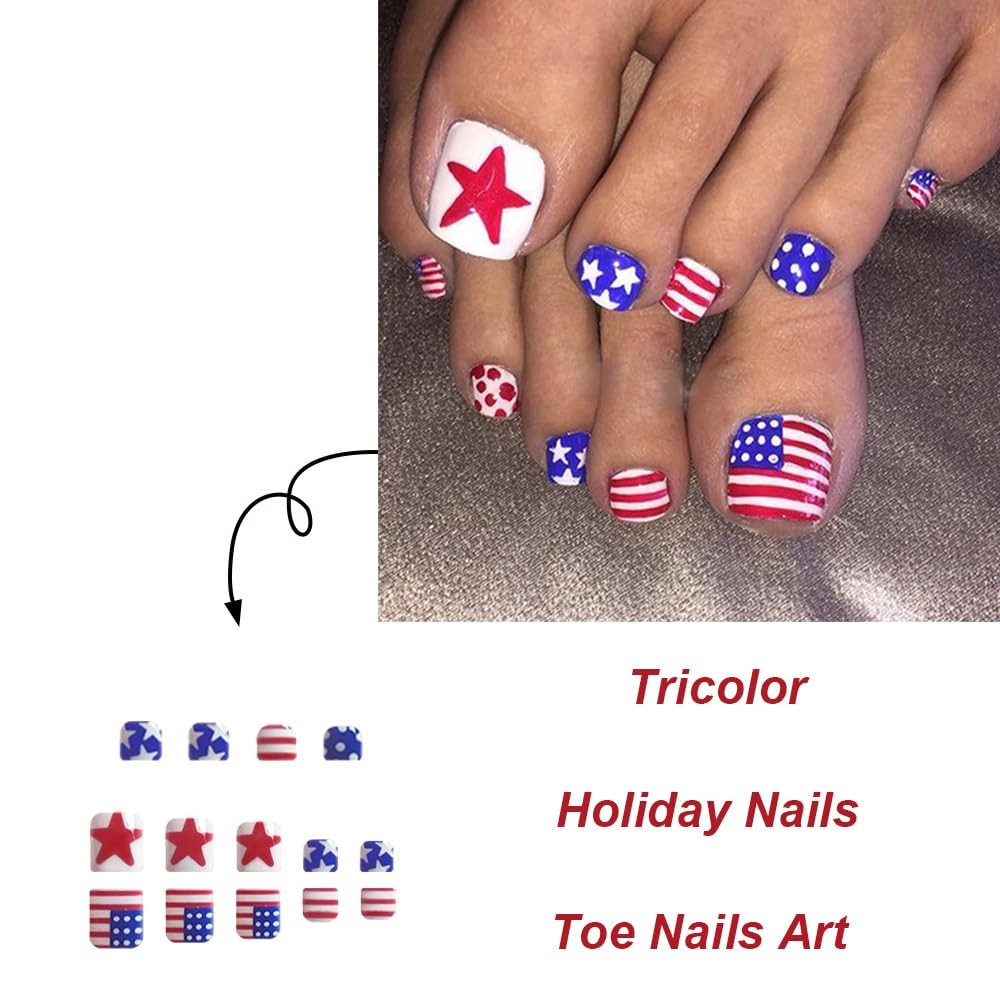 July 4th Press-On Toenails Short Square False Toenails Glossy Red Blue and Wh…