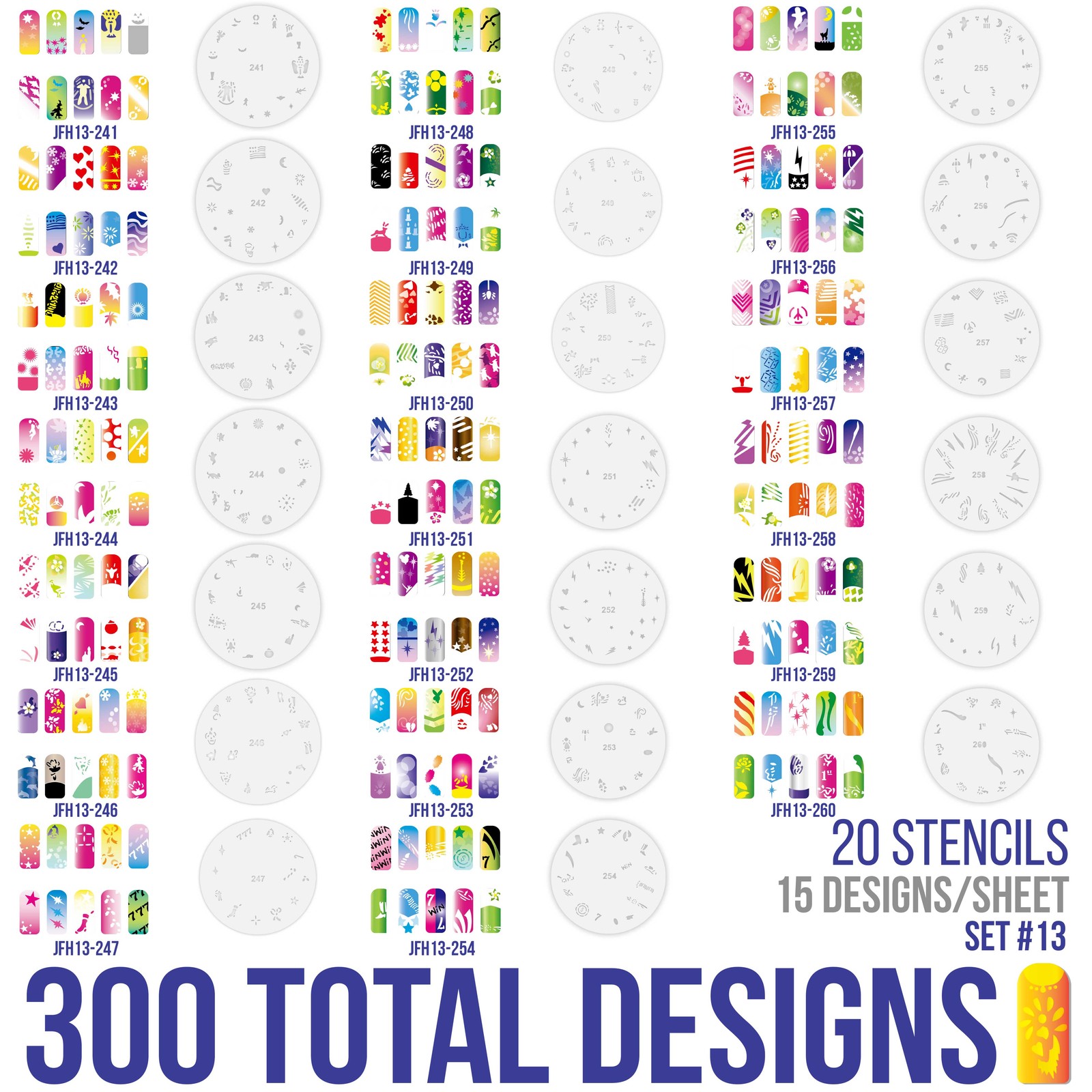 Set 13 340 Airbrush Nail Art STENCIL DESIGNS 20 Template Sheets Kit Brush Paint