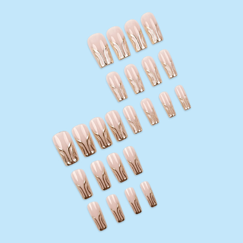 48pcs Long Square Press on Nails, Nude Gold Wave Metallic Gloss Elegant Nails
