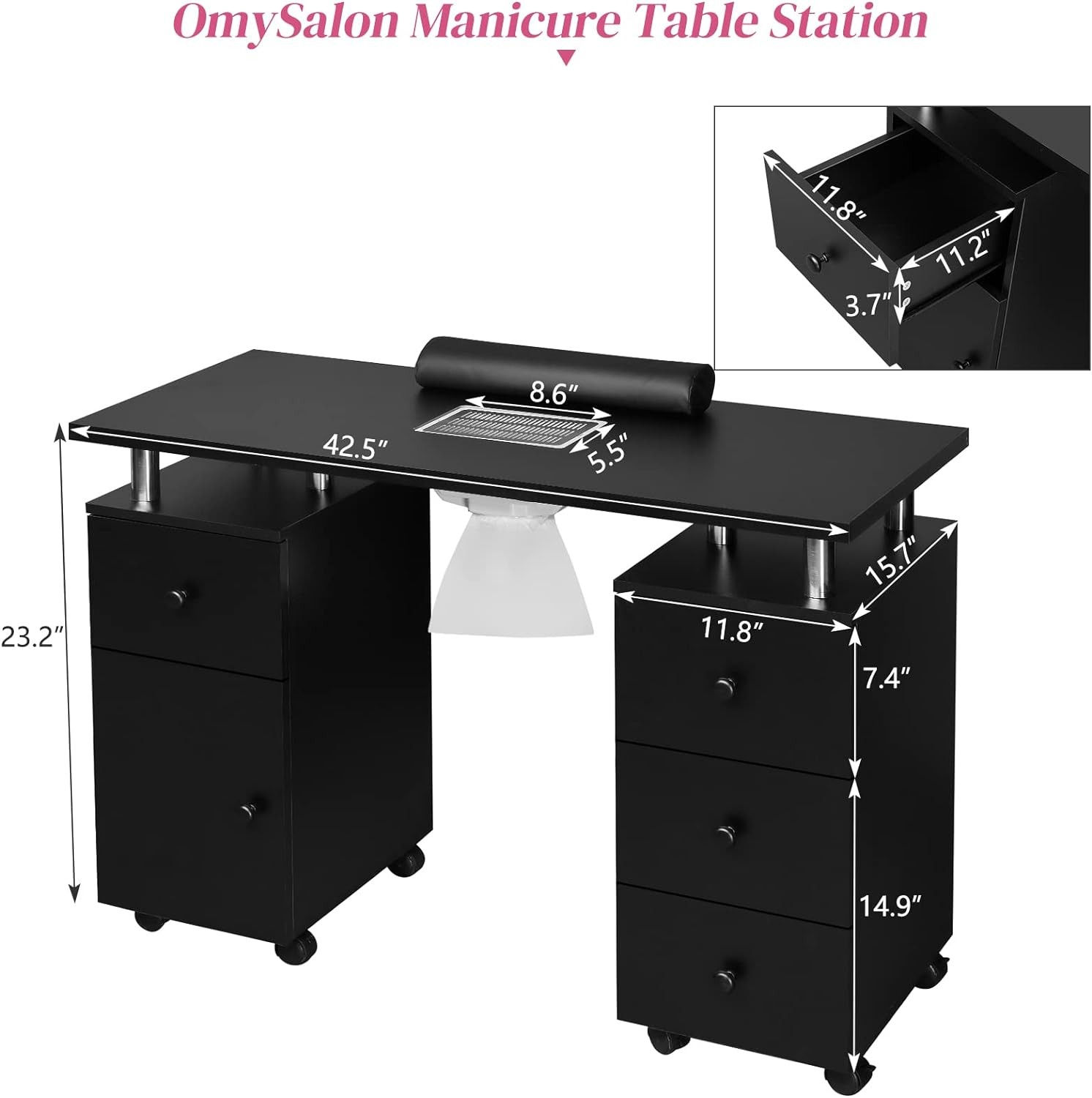 Manicure Table Nail Desk with Storage Drawers, Dust Collector, Lockable Wheels