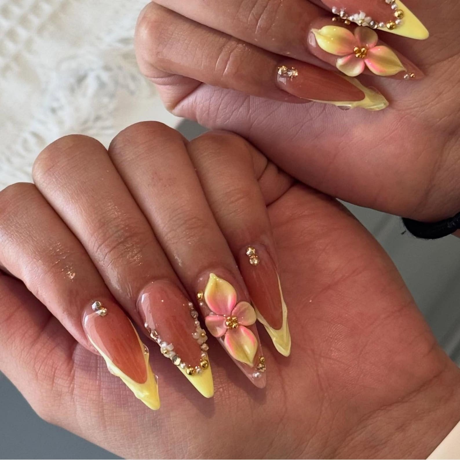 Handmade Yellow Peach Gradient Plumeria Rhinestone Long Stiletto Press on Nails
